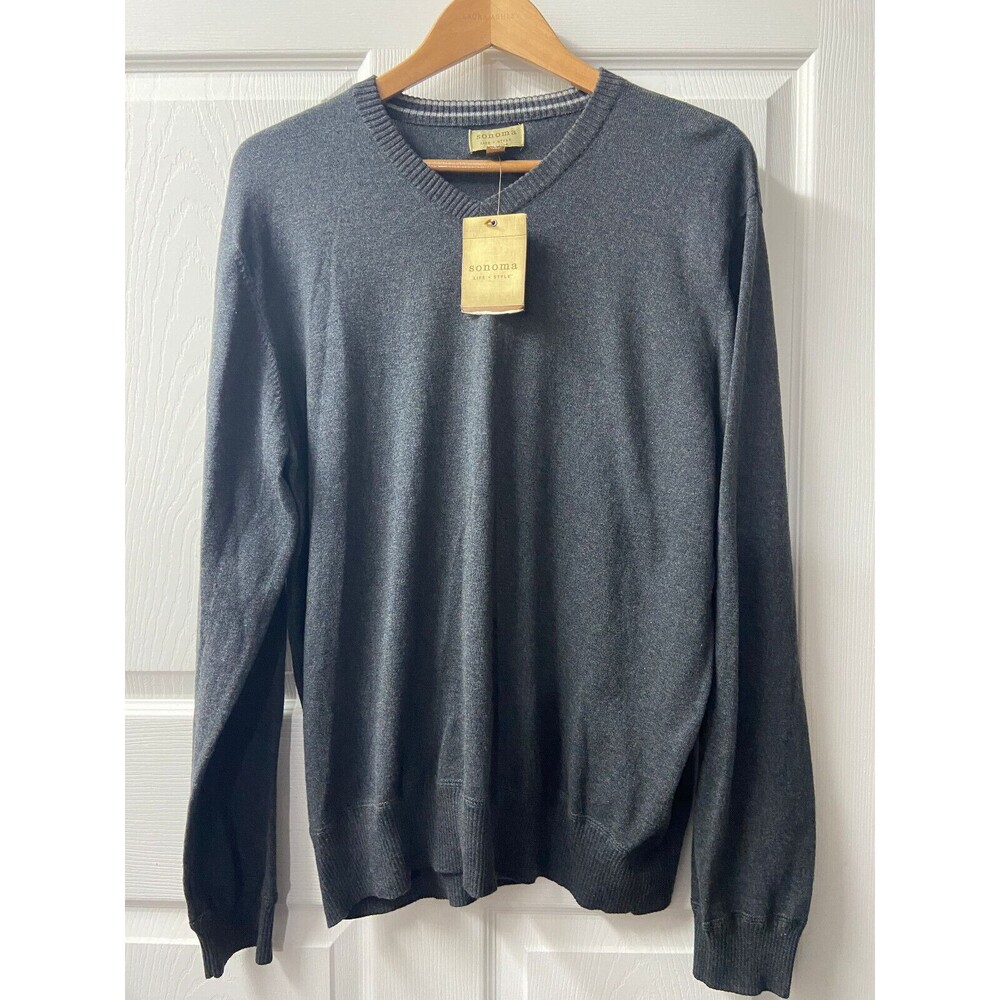 Sonoma Sweater Mens Large Dark Grey V Neck Long Sleeved Classic Preppy NWT Golf